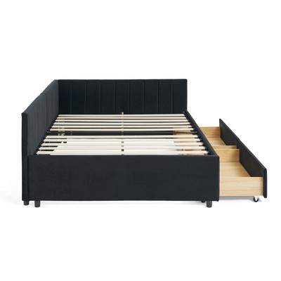 Tiramisubest Full Size Bed Frame Tufted Daybed Velvet Upholstered Frame Storage Drawers Living Room Bedroom Eucalyptus Wood Frame