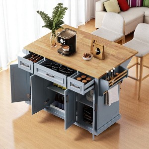 54" Rolling Kitchen Island Cart with Drop Leaf, Rubber Wood Top, Embossed Texture, 4 Doors, 3 Drawers, Spice Rack, Towel Rack, Storage Cabinet - 1 of 4