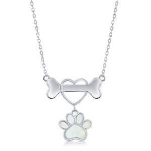 Opalata Sterling Silver, Dog Bone & Heart, Opal Paw Necklace -  White Opal - White - 16+2 Inch - 1 of 2