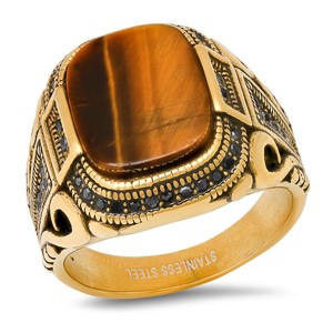 Steeltime Men's 18k gold plated stainless steel , simulated diamonds and tiger eye rectangle ring. Size Option: 9-12 - 1 of 4