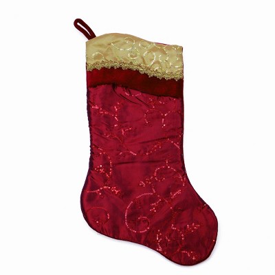 Northlight 20" Burgundy Red and Gold Leaf Christmas Stocking with Wavy Sequined Cuff