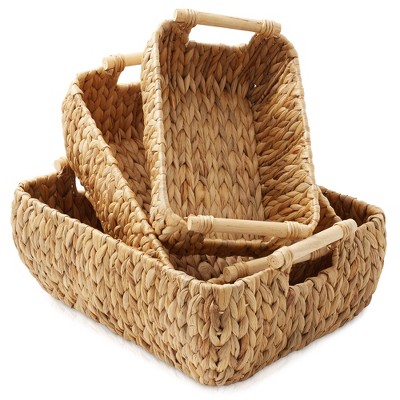 Set of 3 Beige Water Hyacinth Rectangular Storage Baskets with Wooden Handles