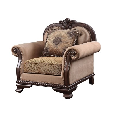 Beige Floral Upholstered Barrel Accent Chair with Wood Frame
