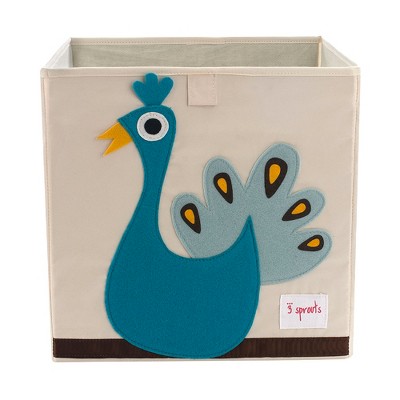 3 Sprouts Large 13 Inch Square Children's Foldable Fabric Storage Cube Organizer Box Soft Toy Bin, Blue Peacock