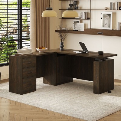 Famapy Dark Wood L - Shaped Adjustable Standing Desk Office Desk Computer Desk - Ergonomic Home Office Workstation with Storage