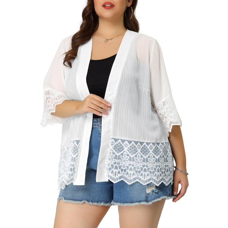 Agnes Orinda Women's Plus Size Cover-Up Lace Panel Texture Printed Boho Cardigans, 1 of 7