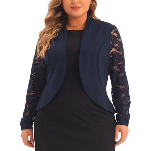 Agnes Orinda Women s Plus Size Long Sleeve Lace Open Front Suit Jackets Navy Blue 1X