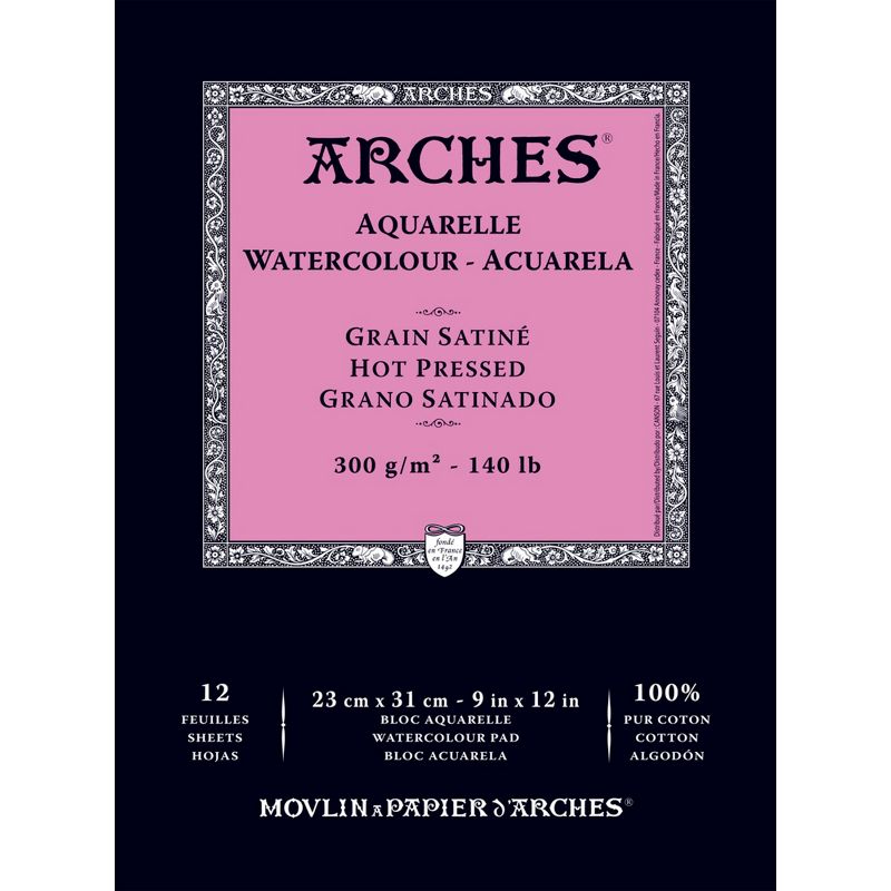 Arches Aquarelle Watercolor Pad, 9 x 12 Inches, Hot Press, 140 lb, White, 12 Sheets, 1 of 2