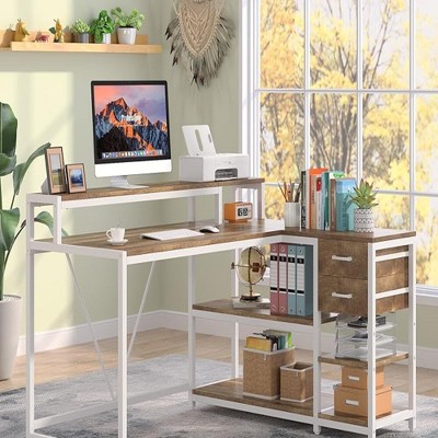 JUJABU 55-Inch L-Shaped Home Office Desk with Monitor Riser, Drawers, Storage Shelves