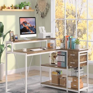 JUJABU 55-Inch L-Shaped Home Office Desk with Monitor Riser, Drawers, Storage Shelves - 1 of 4