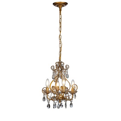ALOADECOR 4-Lights Antique Gold Candlestick Chandelier 13in. Pendant Light with Crystal Teardrop Beads