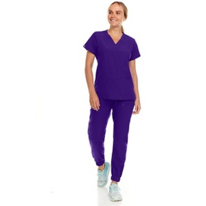Hey Collection Womens Stretch V-Neck Jogger Scrubs Set, Medical Nursing Tops with Four Pocket Pants - 1 of 4