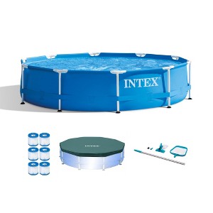Intex Metal Frame 10' x 30" Round Outdoor Swimming Pool Set with 330 GPH Filter Pump, Maintenance Kit, Cover, and Filter Cartridges (6 Pack) - 1 of 4