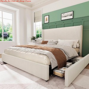 Queen/King Size Bed Frame w/ Storage Drawers, Corduroy Upholstered Platform Bed w/ Wingback and Tufted Headboard - 1 of 4