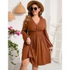 WhizMax Women's Plus Size Dress V Neck Long Sleeve Front Knotted Elastic Elegant Dress A Line Knee Length Midi Dress - 2 of 4
