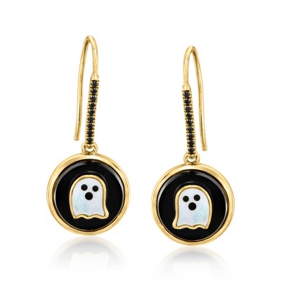 Ross-Simons Onyx, Mother-Of-Pearl and .10 ct. t.w. Black Spinel Ghost Drop Earrings With Black Enamel in 18kt Gold Over Sterling
