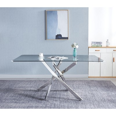 NicBex 63"/51.2" Modern Rectangle Dining Table for 4-6 Seaters,Kitchen Table with Glass Tabletop and Base for Kitchen,Silver/Gold