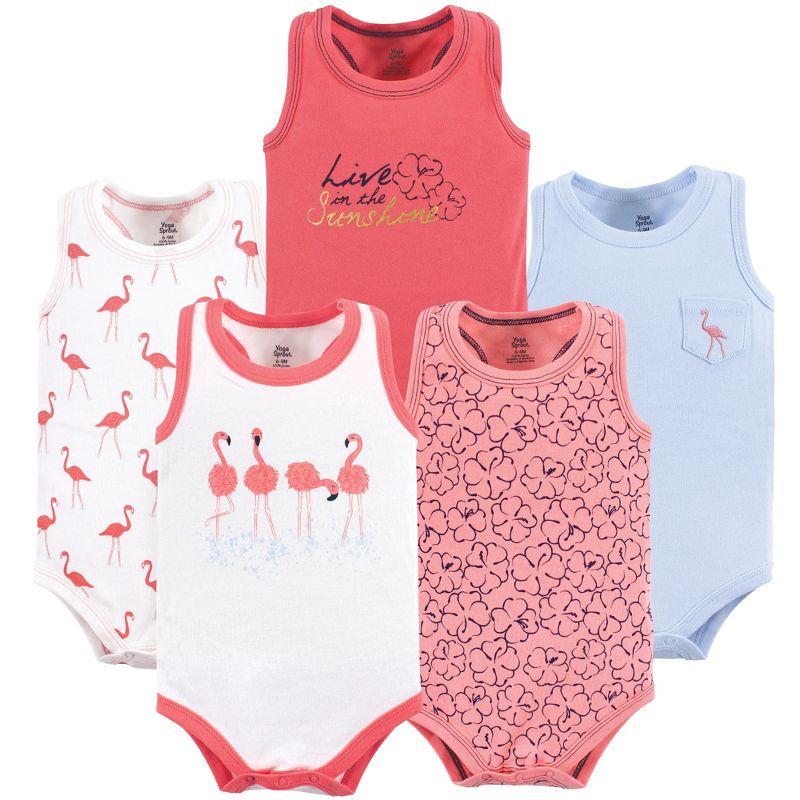 Yoga Sprout Baby Girl Cotton Bodysuits 5pk, Flamingo, 1 of 2