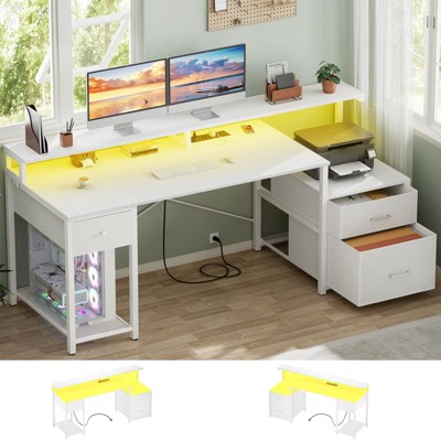 Aheaplus 59'' Computer Desk with 3 Drawers and Led Lights, Home Office Desk with File Drawer & Power Outlet