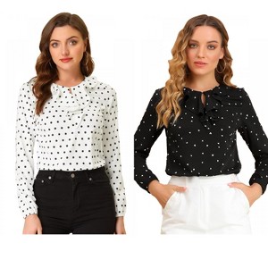 Allegra K Women's 2 Packs 1950s Vintage Ruffle Neck Long Sleeve Dots Chiffon Blouse X-Large Peacock Blue-Dots - 1 of 4