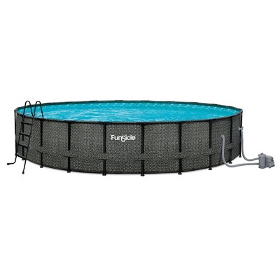 Funsicle 22 Ft by 52 In Oasis Designer Round Frame Outdoor Above Ground Swimming Pool Set w/SkimmerPlus Filter Pump and Pool Cover, Dark Herringbone