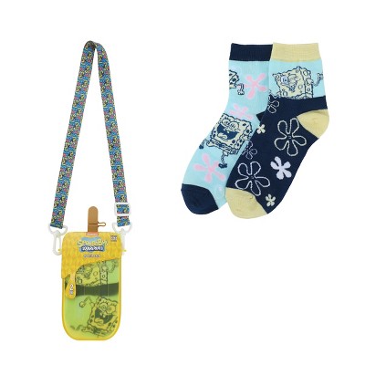Spongebob Squarepants Character & Flowers Women's 2-Pair Casual Quarter Crew Socks