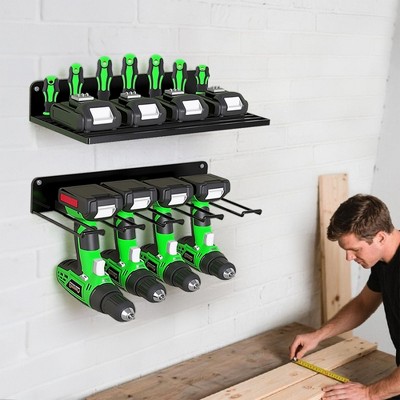 Angel Sar 2-Tier Heavy Duty Metal Power Tool Organizer with 4 Drill Holders, Wall Mount Tool Organizer with an Adjustable Shelf