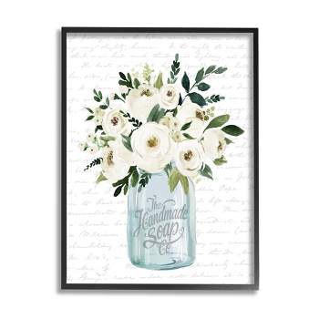 Stupell Industries White Blooms Flower Bouquet Classic Jar Script Black Framed Giclee Art