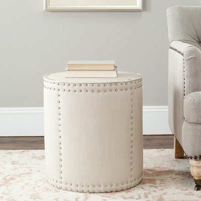 Beige Round Linen Ottoman with Nail Head Trim