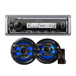 Kenwood KMR-M332BT Digital Media Receiver with Bluetooth with 1 Pair of KFC-1673MRBL 6.5" 2-way Marine Speaker W/ LED (Black) - 1 of 4