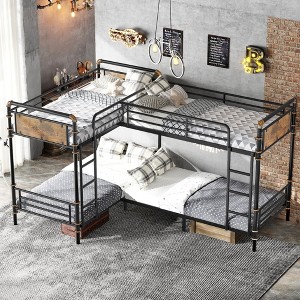 Sapphtopaz Twin for 4 Bunk Bed with Ladder & Safety Guardrails, Multifunctional Detachable Metal Bunkbed for Teens & Adults, Noise-Reduced, Black - 1 of 4