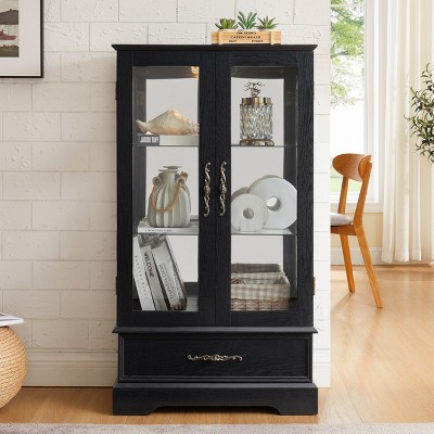 FURNIinspire Utility Storage Cabinets 3 Tier Display Cabinet 2 Door Glass Curio Cabinet, Home Decorative Display Shelf, Black, 11.81"*25.98"*47.44"
