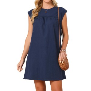 INSPIRE CHIC Women's Summer Cap Sleeve Crew Neck Casual Ruched Tunic A-Line Mini Dresses X-Large Dark Blue