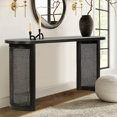 60" Modern Console Table - Solid White Oak with Imitation Rattan Design Entryway Table for Living Room Narrow Entryway-Tanpinhause