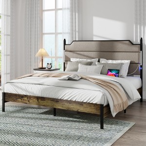ALEXOUN Bed Frame with Upholstered Headboard & Wood Slats, Easy Assembly,No Box Spring Needed for Bedroom,Apartment,Brown - 1 of 4