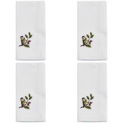 White Polyester Napkins with Embroidered Bluebird Design, Set of 4