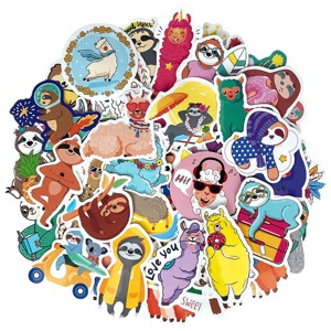 Wrapables Waterproof Vinyl Stickers for Water Bottles, Laptop, Phones, Skateboards, Decals for Teens, 80pcs, Sloths & Llamas - 1 of 4