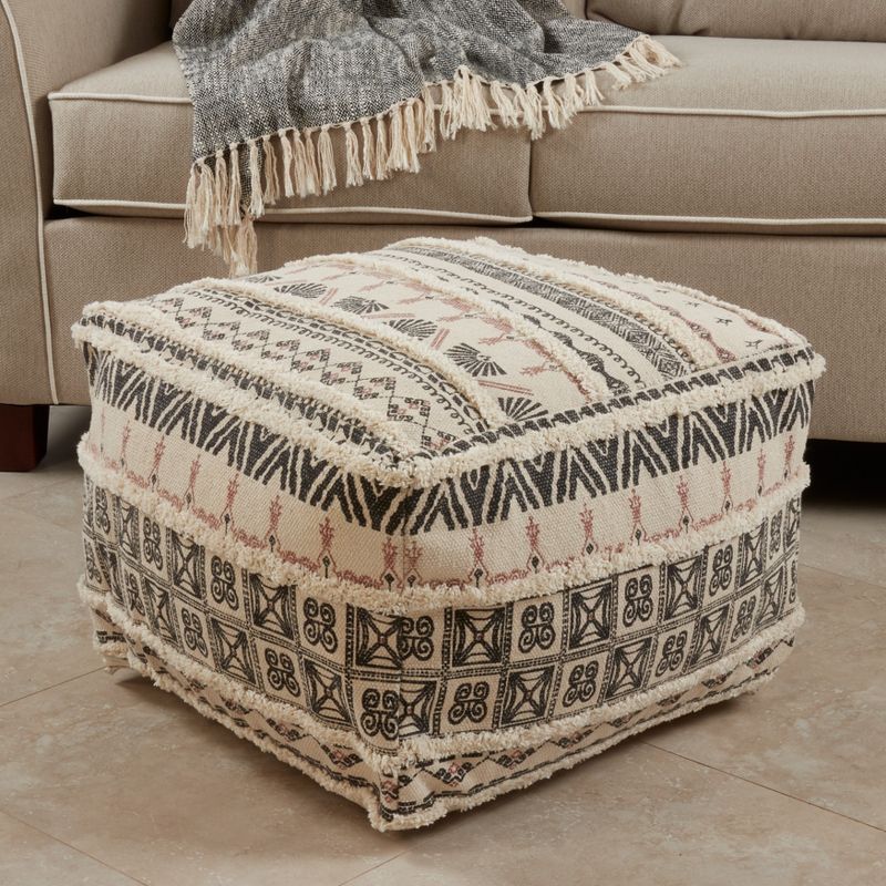Saro Lifestyle Printed + Tufted Pouf, 20"x20"x14" Square, Natural, 3 of 4