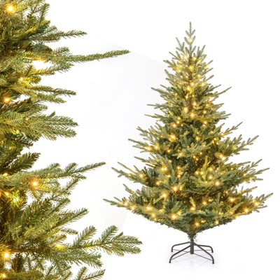 Tangkula Pre-Lit Artificial Christmas Tree Hinged Xmas Tree w/ PVC & PE mixed Branch Tips