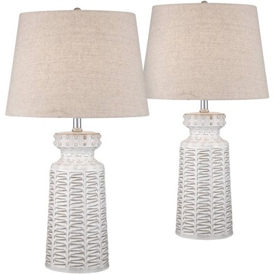 360 Lighting Country Cottage Table Lamps Set of 2 Ceramic Rustic White Glaze Linen Shade for Living Room Family Bedroom Bedside