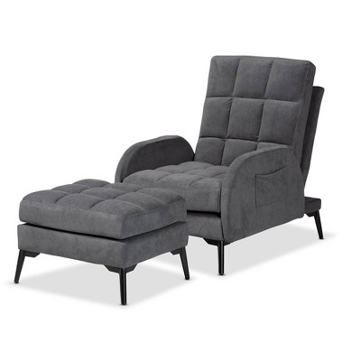 2pc Belden Velvet Metal Lounge Chair and Ottoman Set Black/Gray - Baxton Studio