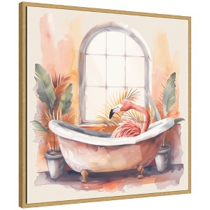 Kate & Laurel All Things Decor 30"x30" Sylvie Flamingo Bath Pastel Tropical Bathroom Framed Canvas by The Creative Bunch Bright Gold - 1 of 4