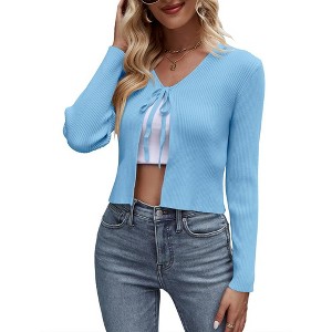 Womens Tie Front Sweater Cardigan Long Sleeve Rib Knit Shrug for Dress Sweaters Crop Tops Womens Soft Cardigan - 1 of 4