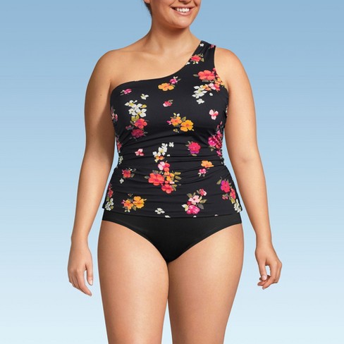 Lands End Women s Plus Size Shirred One Shoulder Tankini Swimsuit Top 18w Black Meadow Floral Target