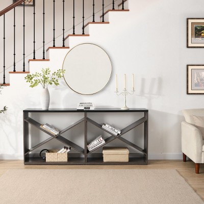 FURNIinspire Console Tables 70.9 Inch Farmhouse Console Table, Entryway Table X Shape Detachable Table with Storage, Black, 11.8"*70.9"*31.5"