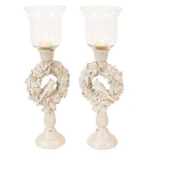 Northlight Set of 2 Winter Solace Bird in a Christmas Wreath Glass Candle Holders 18"