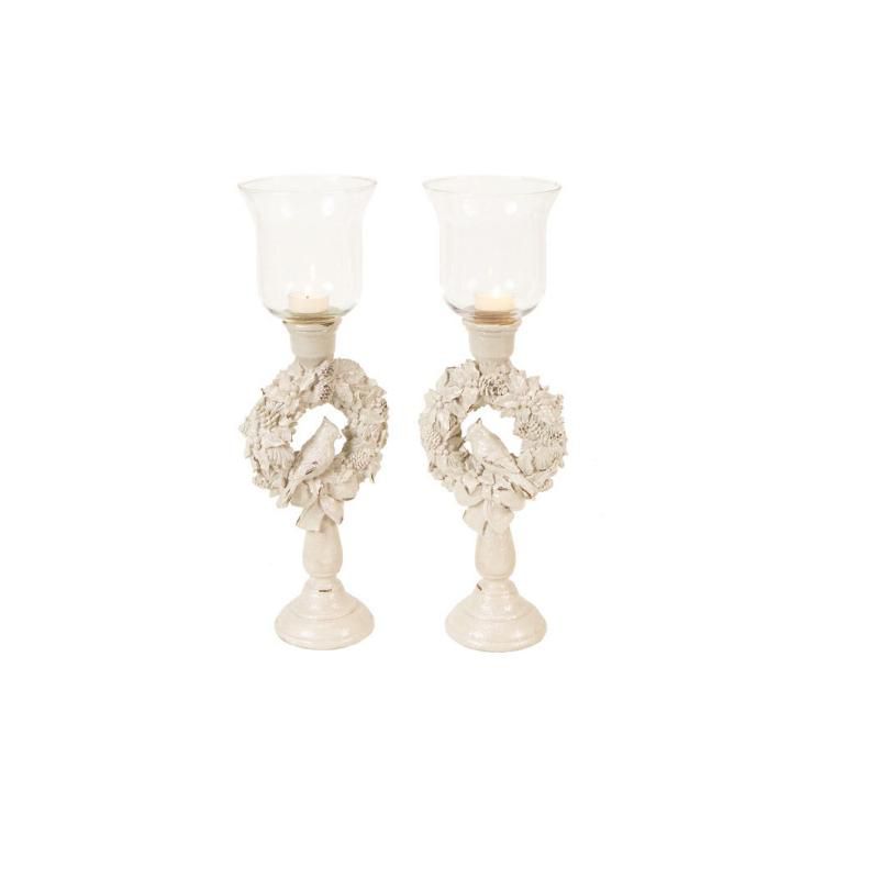 Northlight Set of 2 Winter Solace Bird in a Christmas Wreath Glass Candle Holders 18", 1 of 2