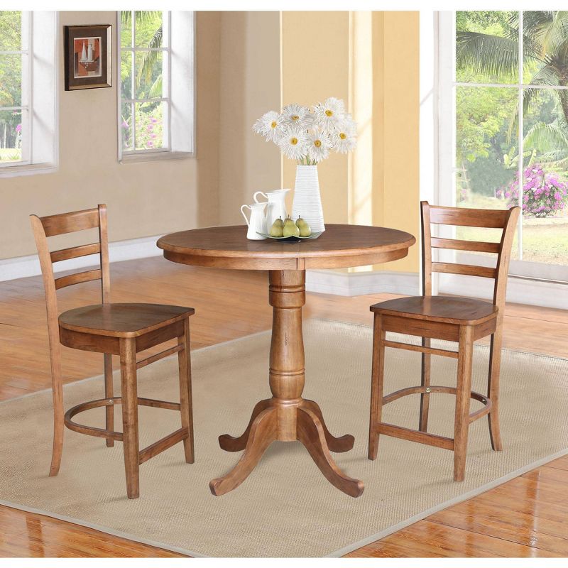 36&#34; Jenin Round Pedestal Gathering Height Table with 2 Emily Counter Height Bar Stools Dining Sets Distressed Oak - International Concepts, 3 of 7