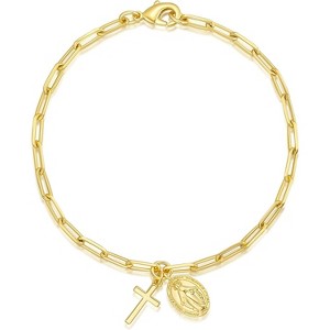 14K Gold Paperclip Link Bracelet with Cross & Virgin Mary Charm, Adjustable 17/19/21 cm Faith Jewelry for Women - 1 of 4