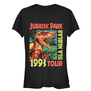 Juniors Womens Jurassic Park Isla Nublar 1993 Tour, Featuring Velociraptor T-Shirt - 1 of 3